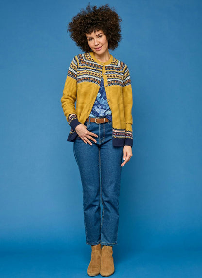  Wool Blend Yoke Fairisle Crew Neck Cardigan