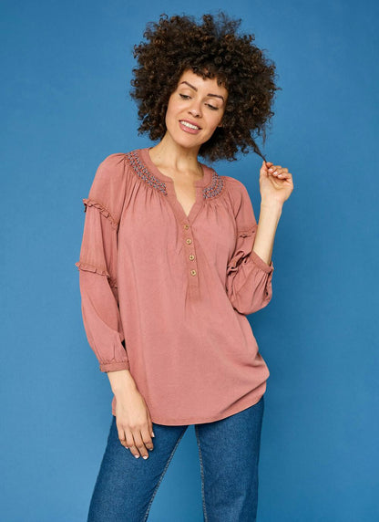  Embroidered Shirred Neck Blouse