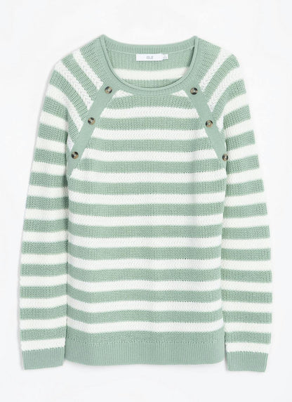  Button Detail Textured Striped Crew Neck Jumper