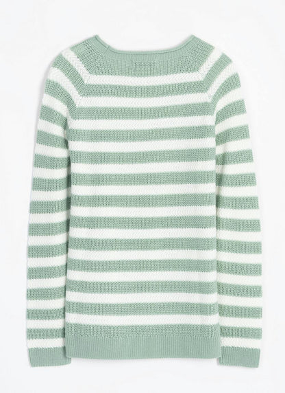  Button Detail Textured Striped Crew Neck Jumper