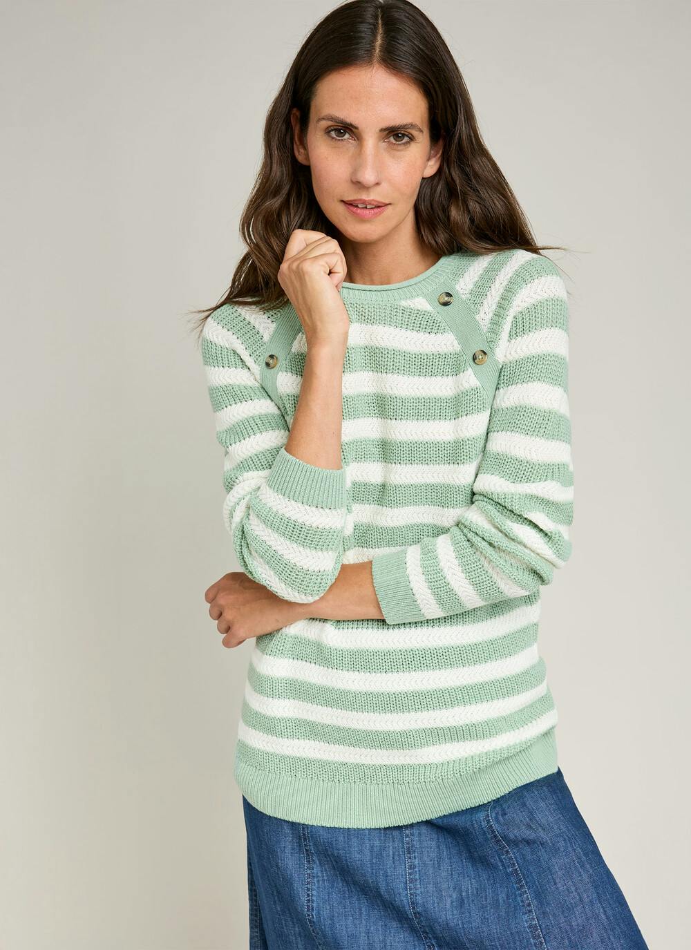  Button Detail Textured Striped Crew Neck Jumper