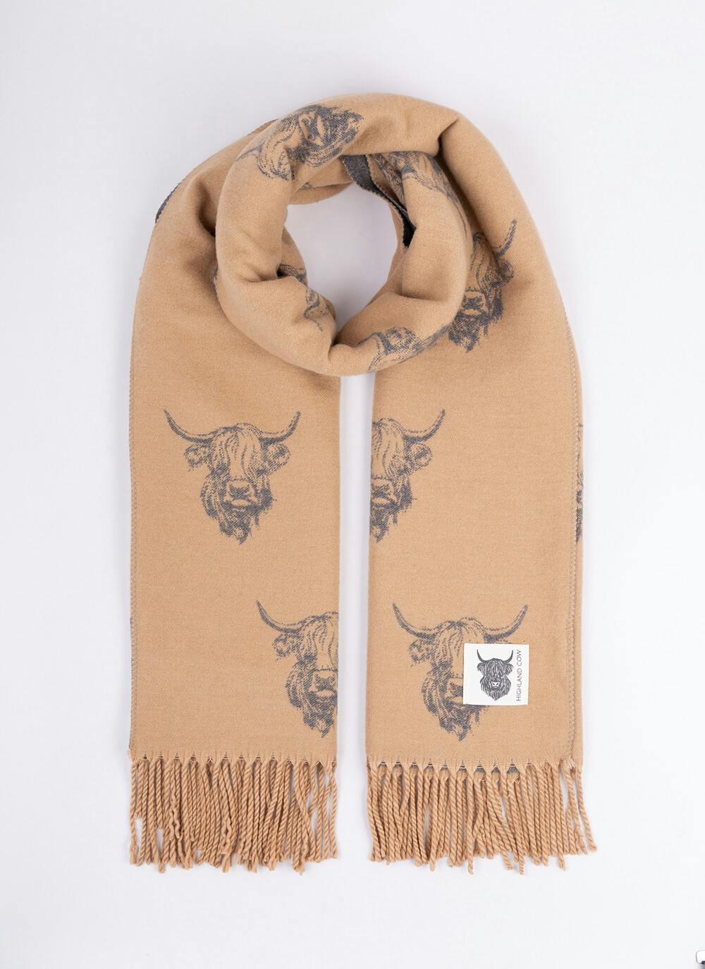  Highland Cow Super Soft Scarf - Camel/Grey