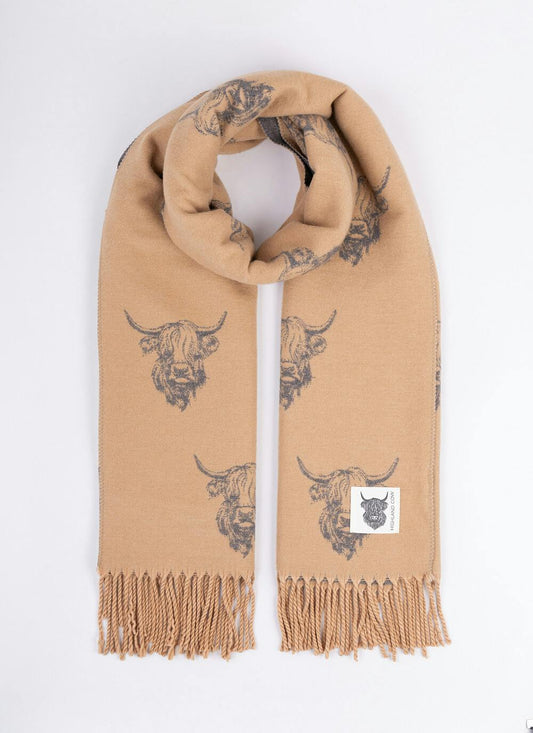  Highland Cow Super Soft Scarf - Camel/Grey