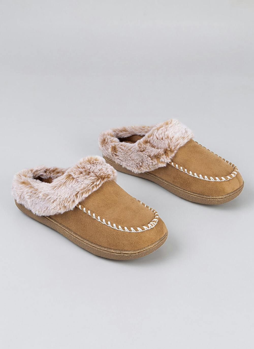  Comfy Faux Fur Lined Whip Stich Detail Mule Slippers