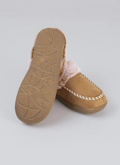  Comfy Faux Fur Lined Whip Stich Detail Mule Slippers