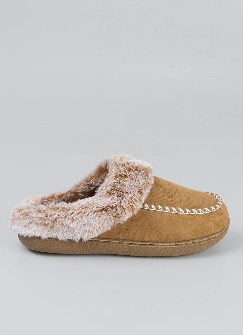  Comfy Faux Fur Lined Whip Stich Detail Mule Slippers