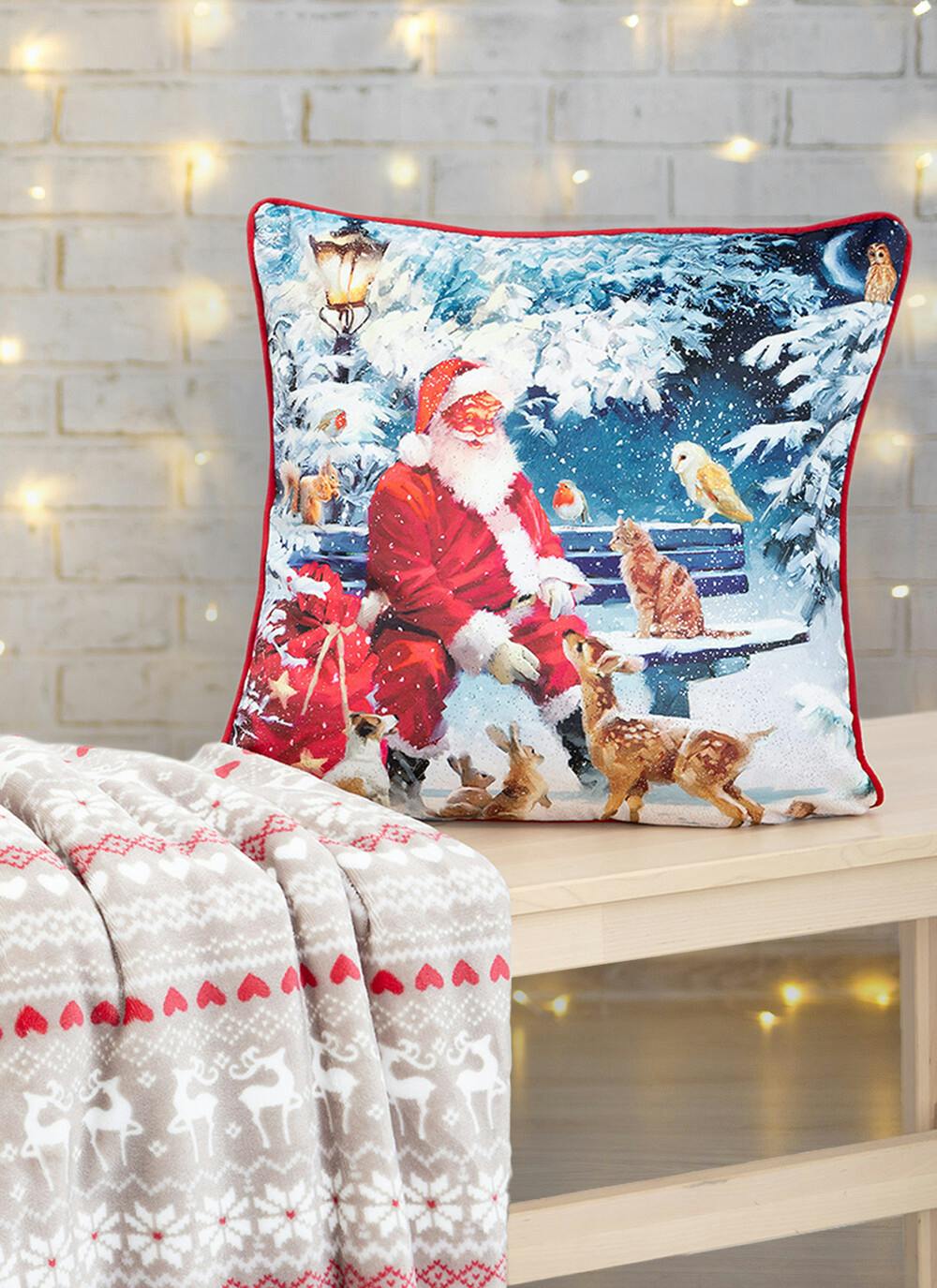  Santa & Friends Print Velvet Red Cushion