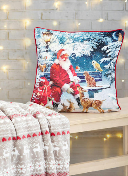  Santa & Friends Print Velvet Red Cushion