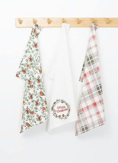  Robin Print Cotton Red 3-Pack Teatowels
