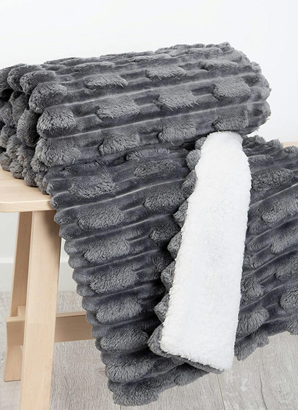  Chunky Rib Sherpa Fleece Grey Throw