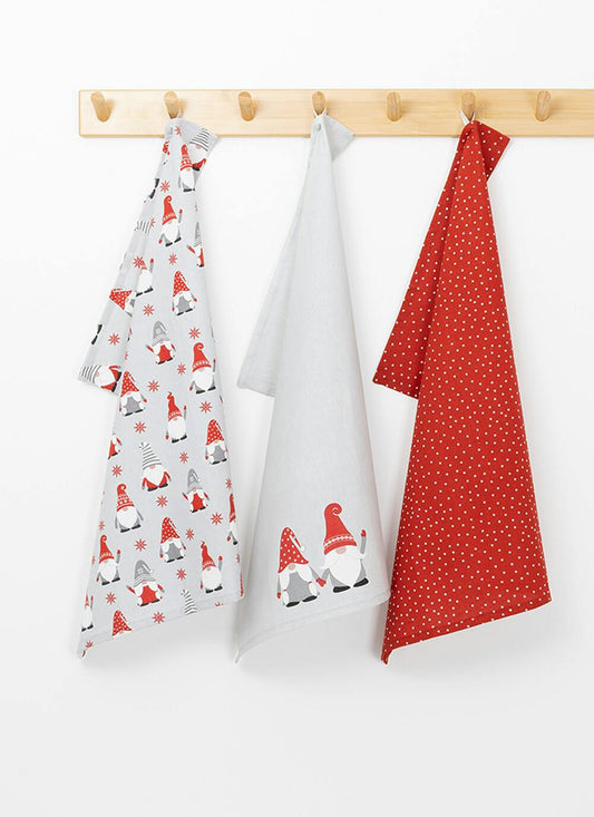  Gonks Print Cotton Grey 3-Pack Teatowels