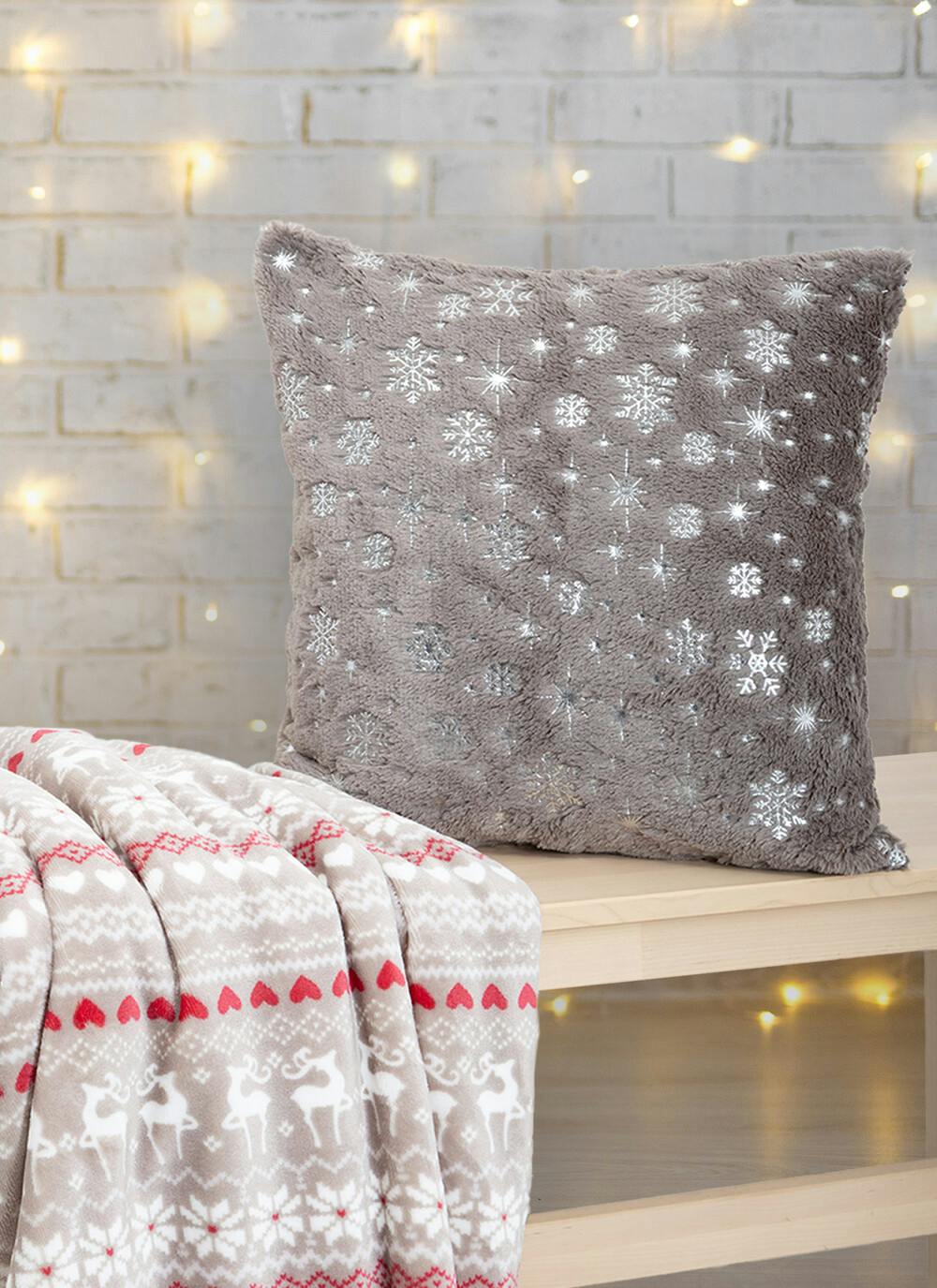  Snowflake Foil Print Fleece Grey Cushion