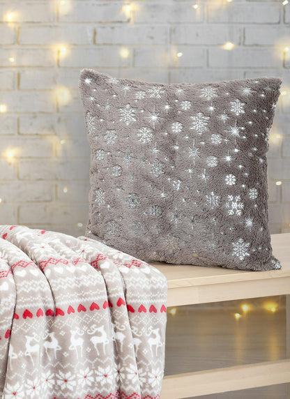  Snowflake Foil Print Fleece Grey Cushion