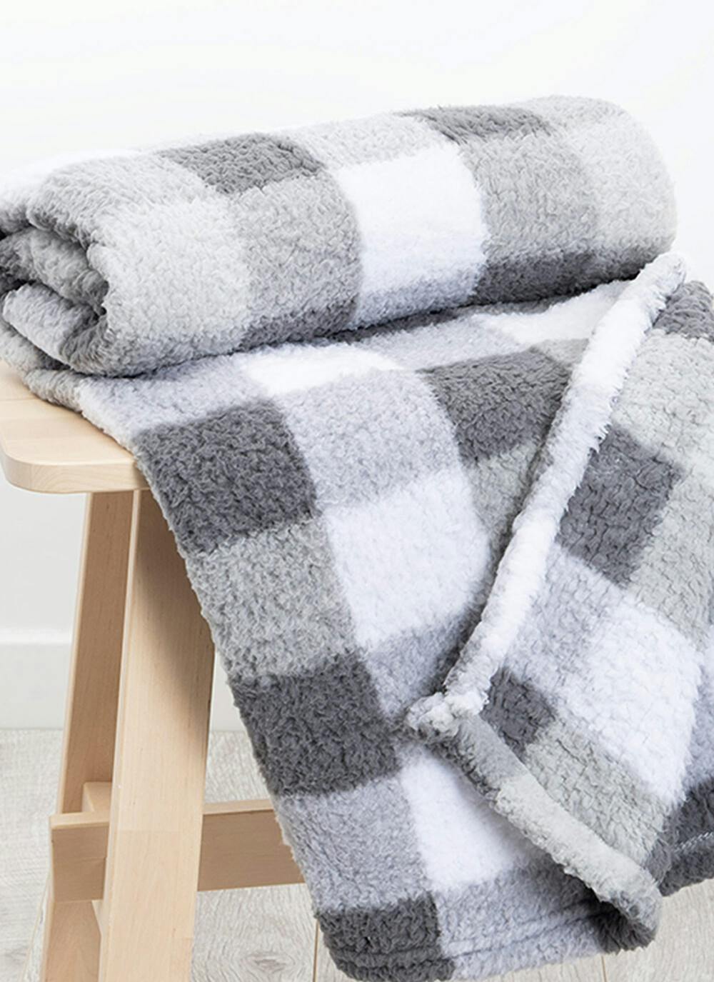  Teddy Fleece Check Grey Throw