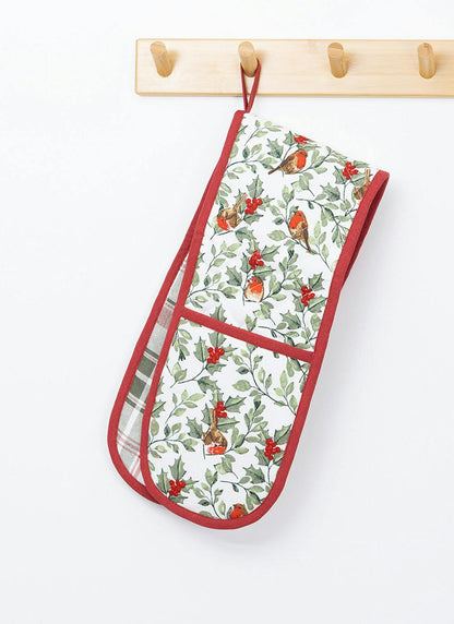 Robin Print Cotton Red Double Oven Gloves