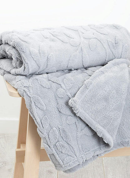  Leafy Floral Embossed Fleece Grey Throw