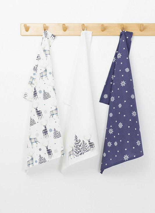  Stag Print Cotton Navy 3-Pack Teatowels