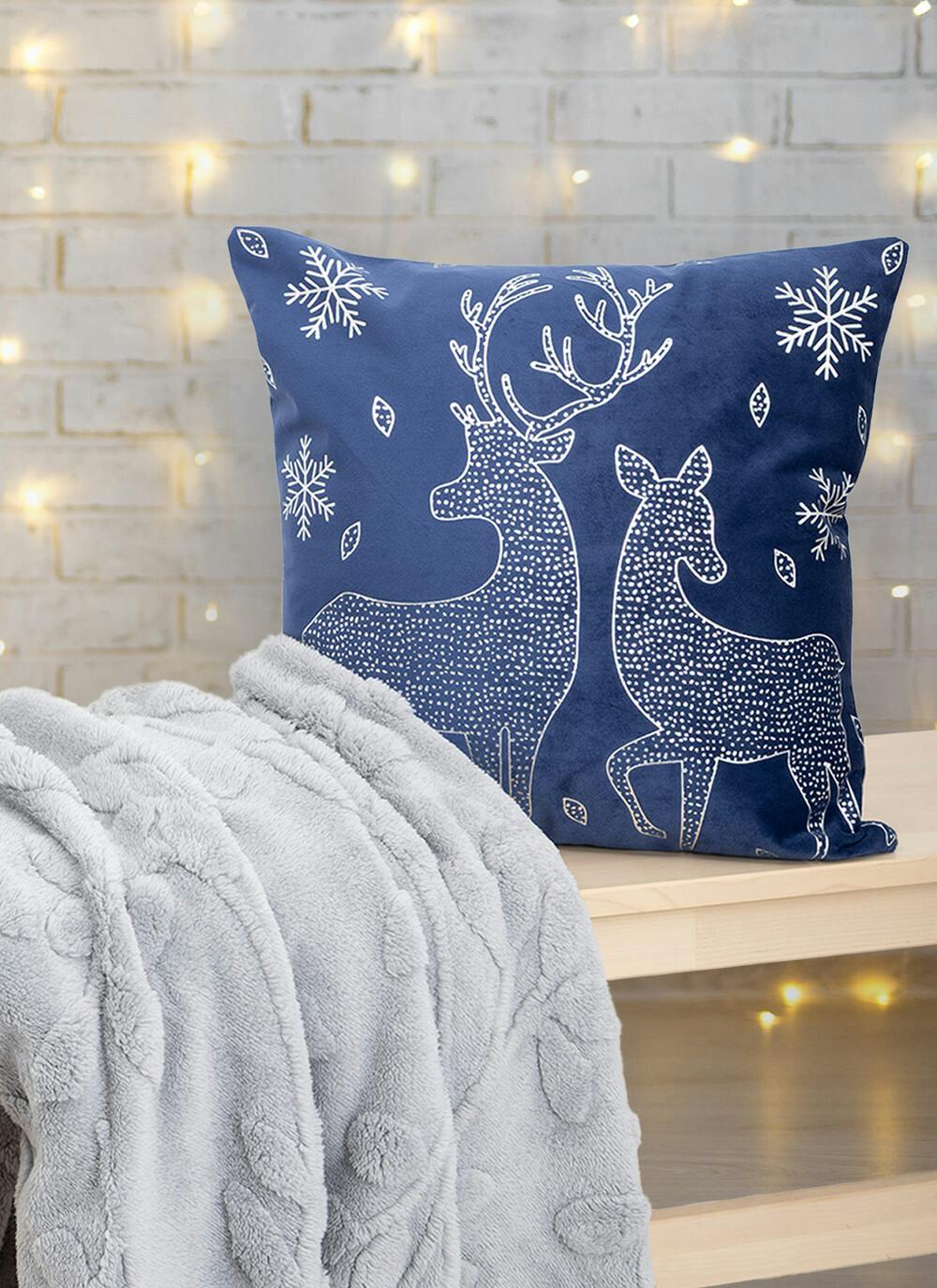  Stag Foil Print Velvet Navy Cushion