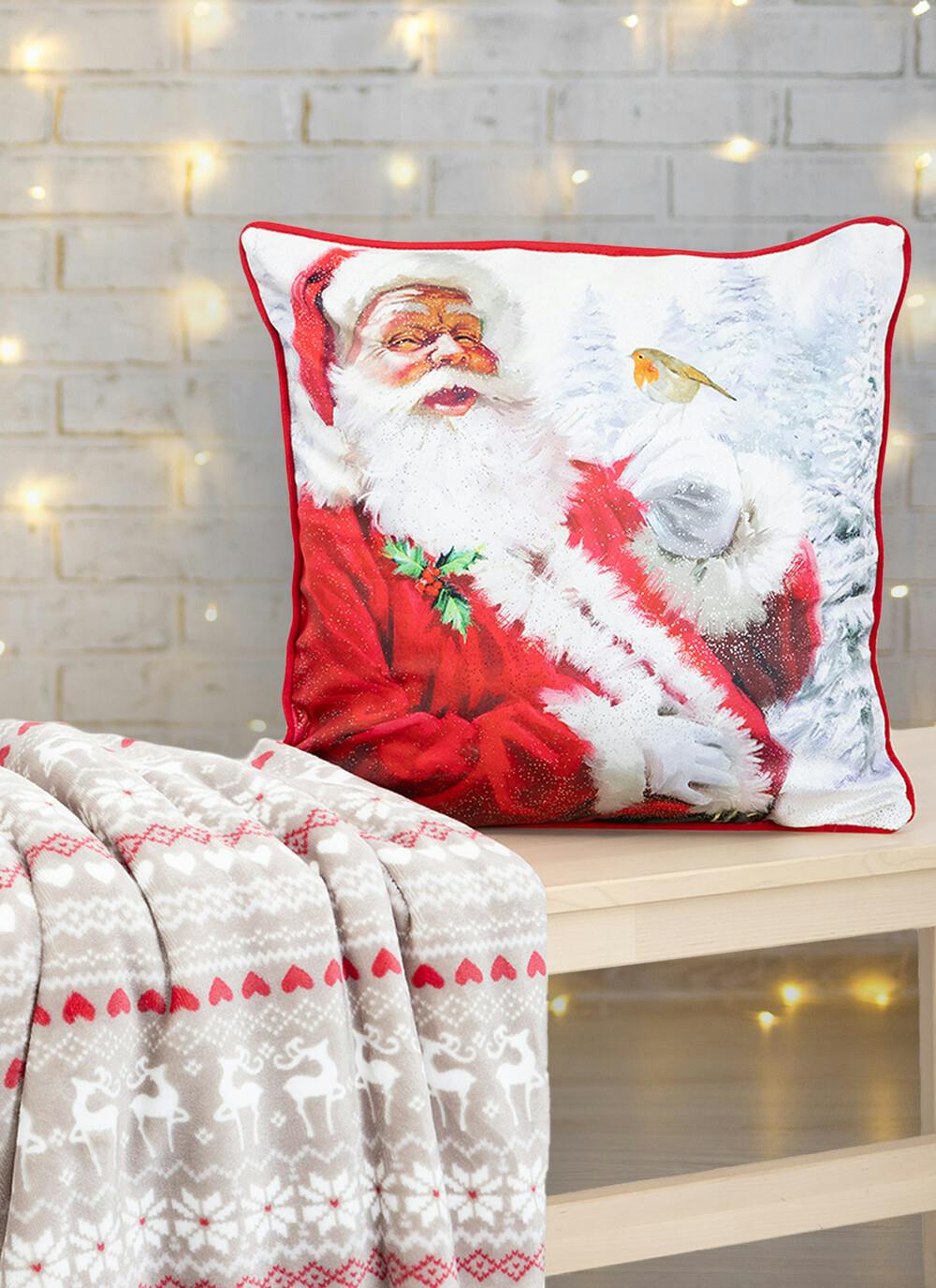  Santa Print Velvet Red Cushion