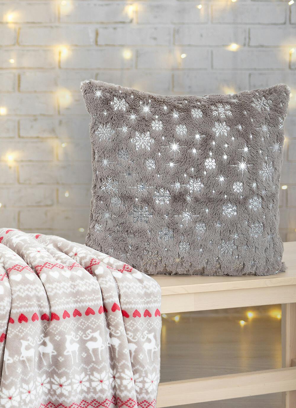  Snowflake Foil Print Fleece Grey Cushion