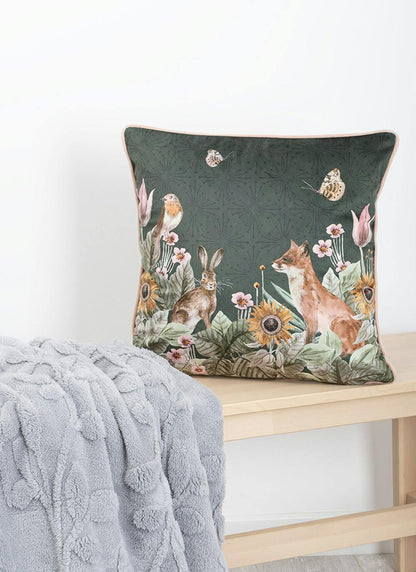  Woodland Animals Print Velvet Green Cushion
